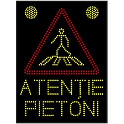 Panou stradal VMS cu indicator rutier luminos ATENTIE PIETONI- montabil pe stalp stradal  